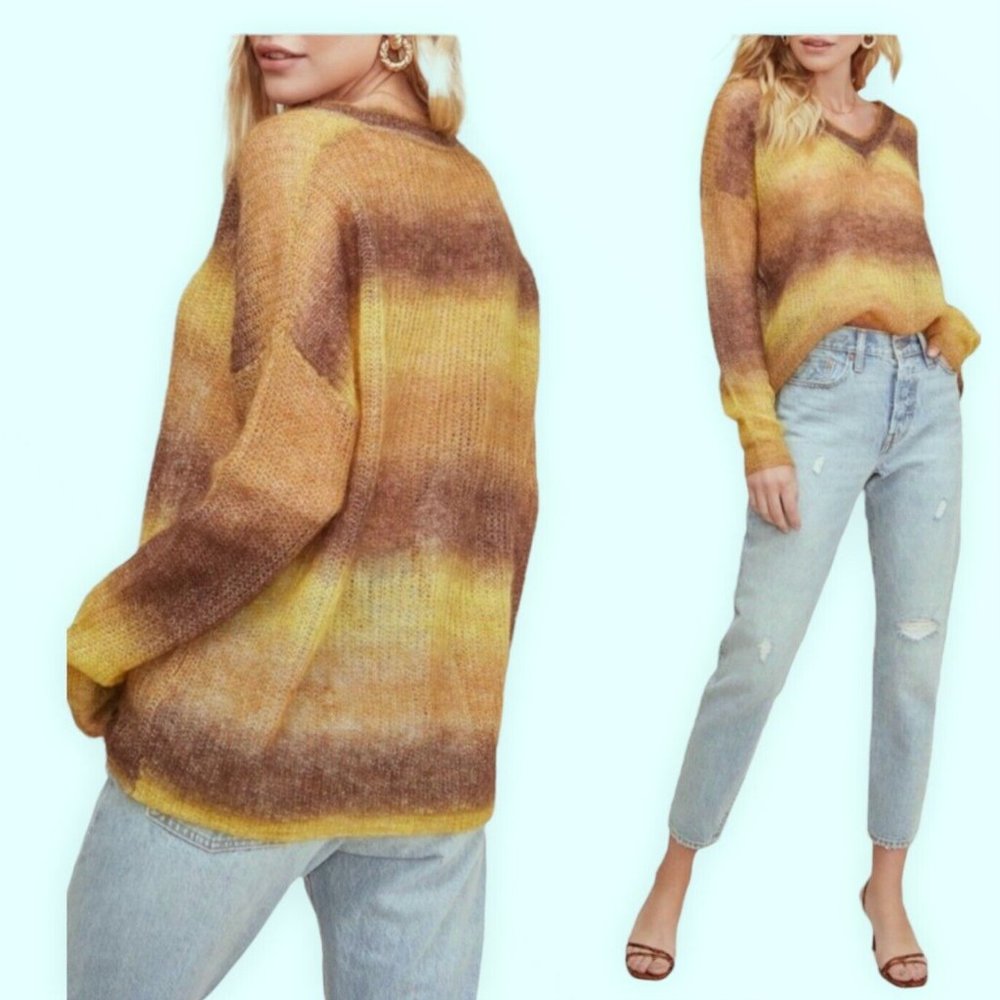 ASTR Brown Ombre Striped V Neck Wool Blend Oversized Sweater Sz Medium